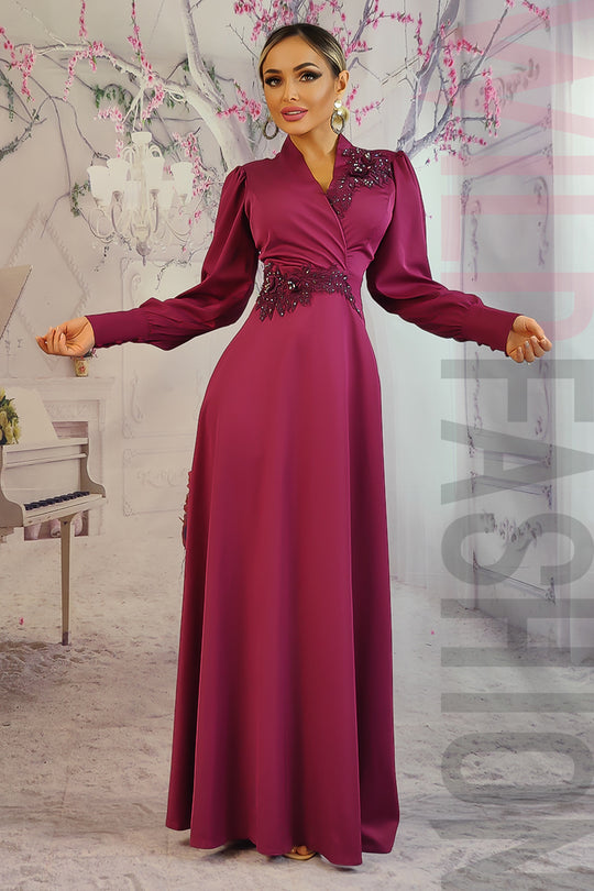 Rochie lunga eleganta de ocazie cu broderie si margele N858-11