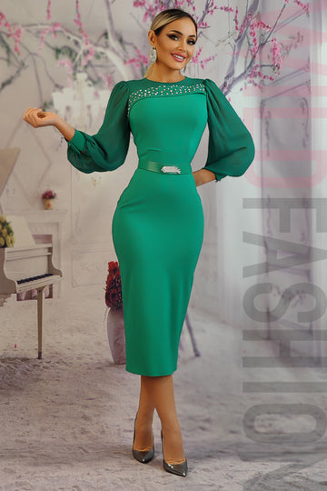 Rochie lunga eleganta de ocazie accesorizata cu strasuri si margele N864-12