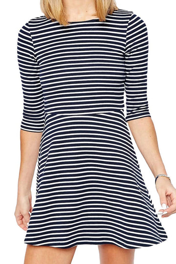 Rochie din bumbac cu maneci trei sferturi si imprimeu cu dungi orizontale P622-244