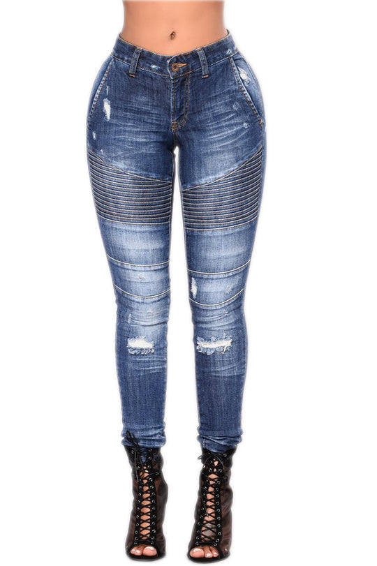 Blugi cu talie medie model cu striatii si taieturi P721-444