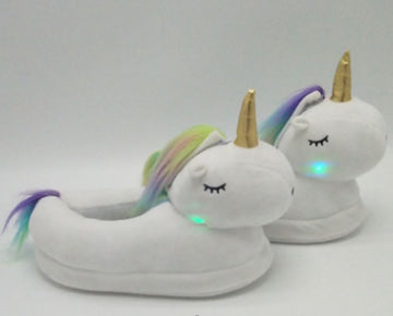 Papuci pufosi de casa in forma de unicorn cu leduri PC7-2