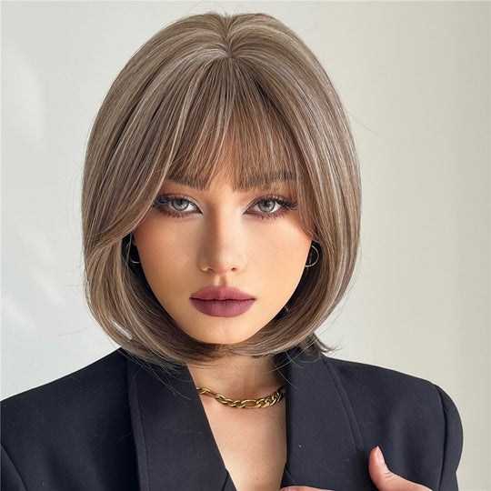 Peruca saten deschis cu suvite platine, tunsoare bob mediu cu breton PER100-100