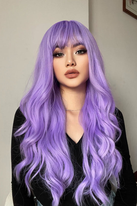 Peruca cu par lung mov, breton si usoare onduleuri la varfuri PER105-110