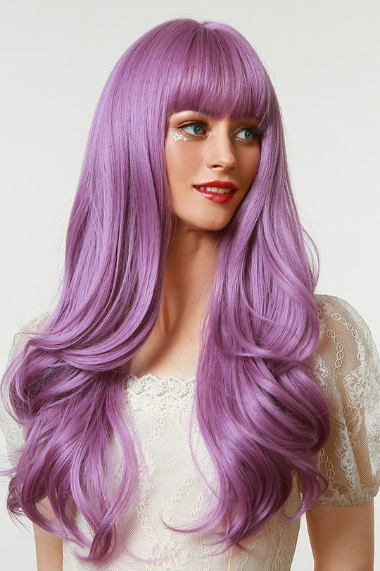 Peruca cu par lung lila, breton si usoare onduleuri la varfuri PER105-112