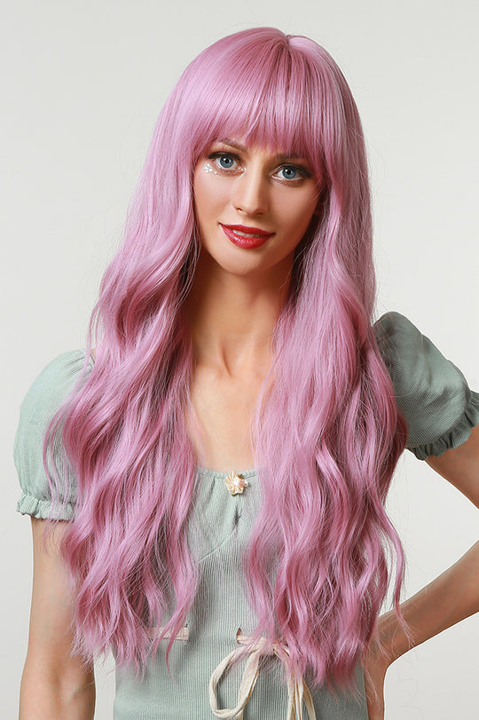 Peruca lunga roz deschis cu breton si usoare valuri PER105-5