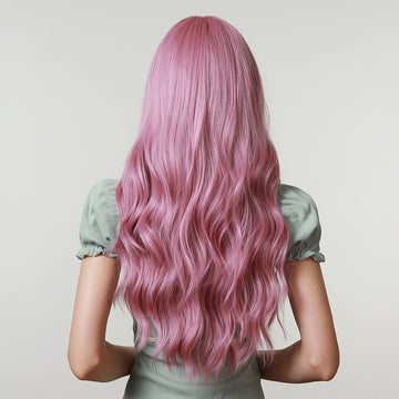 Peruca lunga roz deschis cu breton si usoare valuri PER105-5