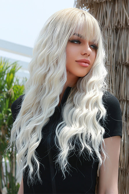 Peruca lunga blond platinat cu breton si valuri PER105-9999