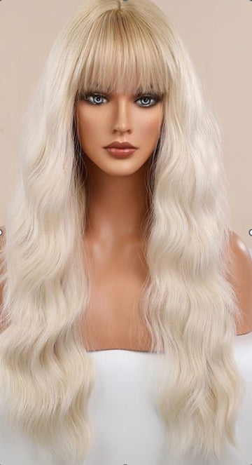 Peruca lunga blond platinat cu breton si valuri PER105-9999