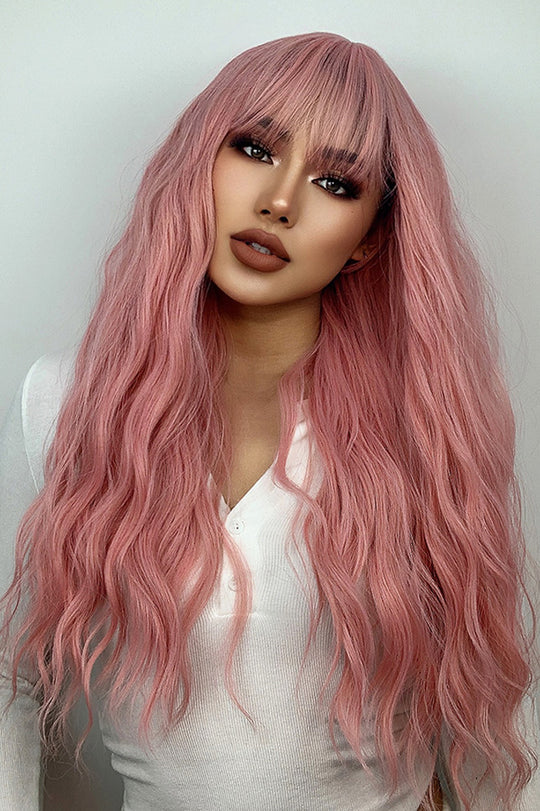 Peruca lunga roz cu breton si usoare valuri PER106-20