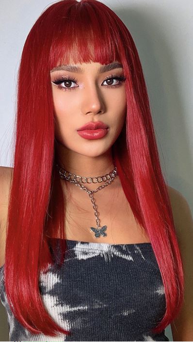 Peruca rosu ca focul model bob lung cu breton PER111-3838