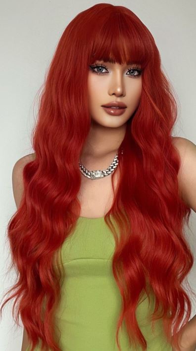 Peruca rosu aprins cu par lung usor ondulat si breton PER112-3838