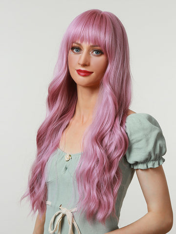 Peruca roz pal cu par lung in valuri si breton PER121-1011