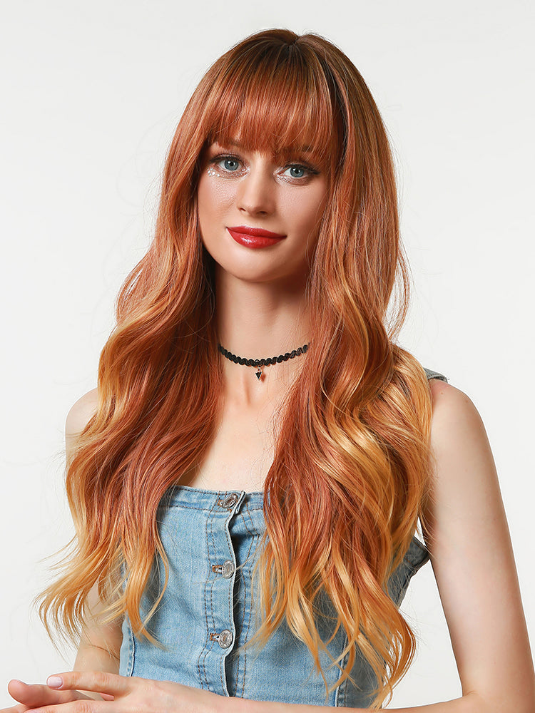 Peruca roscata cu par lung in valuri si breton PER121-8899