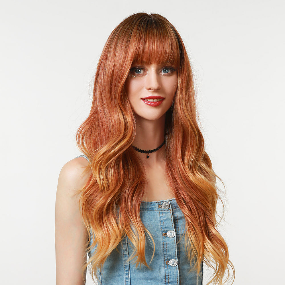 Peruca roscata cu par lung in valuri si breton PER121-8899