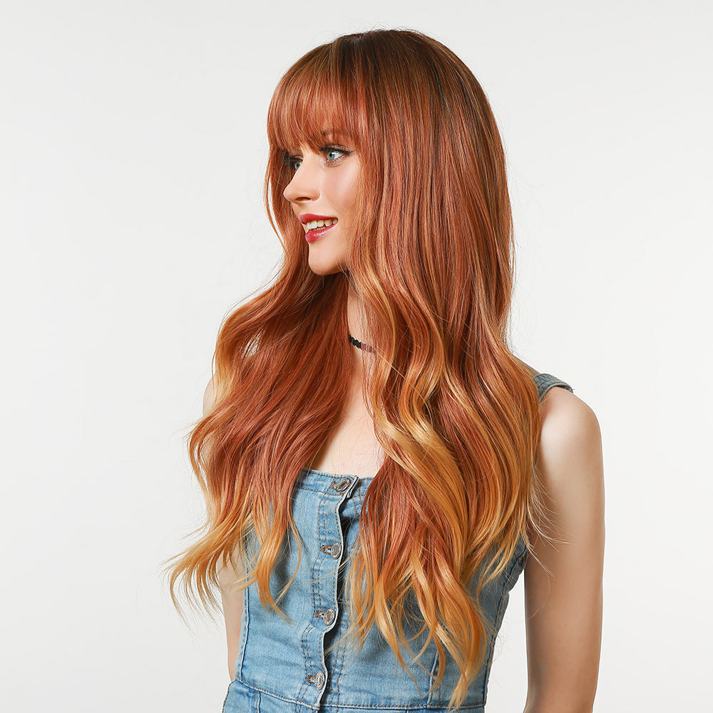 PER121-8899 Peruca roscata cu par lung in valuri si breton