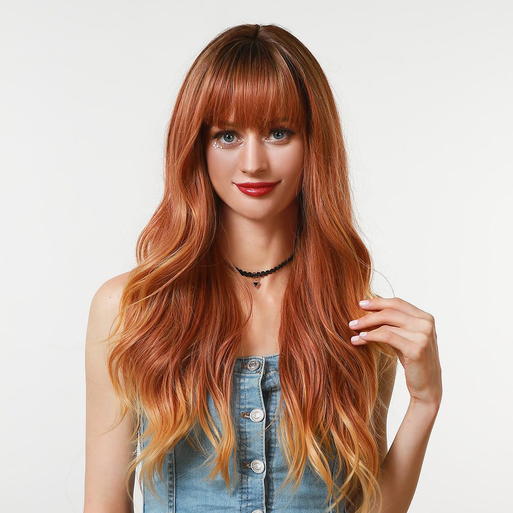 PER121-8899 Peruca roscata cu par lung in valuri si breton