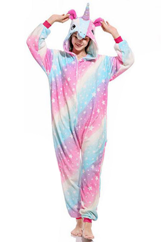 Pijama pufoasa intreaga cu model unicorn si stelute PJM138-100