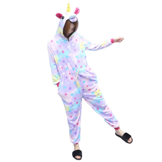 Pijama pufoasa tip salopeta kigurumi, model unicorn cu stelute, PJM157A-10