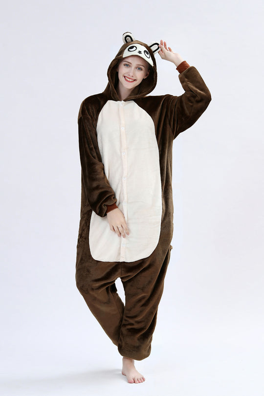 Pijama pufoasa tip salopeta kigurumi din material flausat, model MAIMUTA, PJM223-8