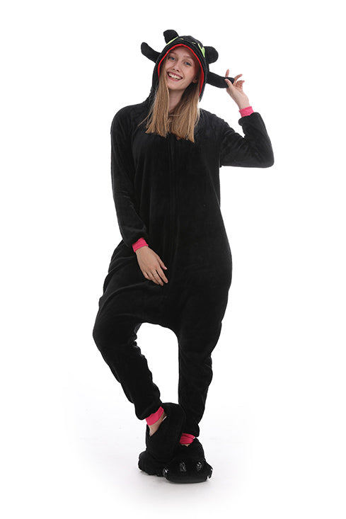 Pijama kigurumi tip salopeta pufoasa, din material pufos cu model DRAGON, PJM227-1