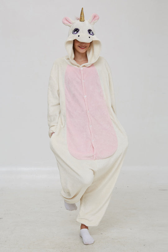 Pijama kigurumi din material pufos cu model UNICORN, PJM244-2