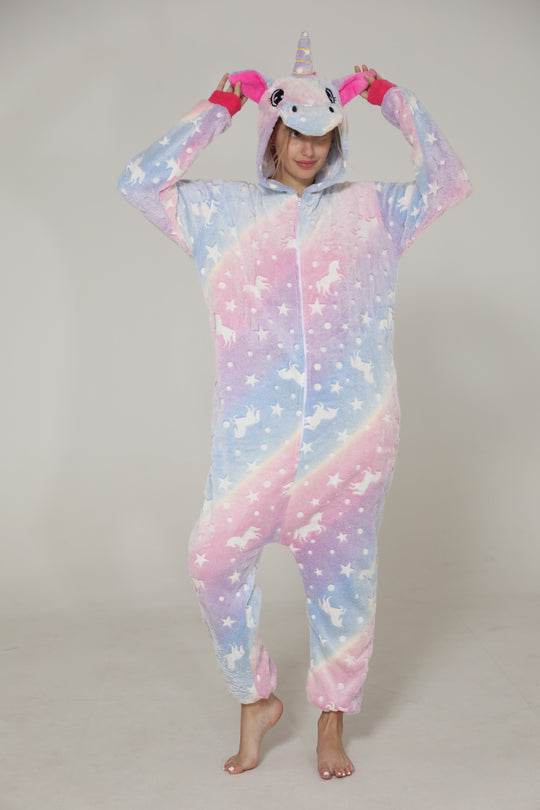 Pijama fosforescenta kigurumi tip salopeta din material pufos si model UNICORN PJM250-100