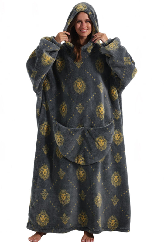 Rochie lunga, pufoasa de casa cu imprimeu cap de leu si gluga atasata, PJM262-4499