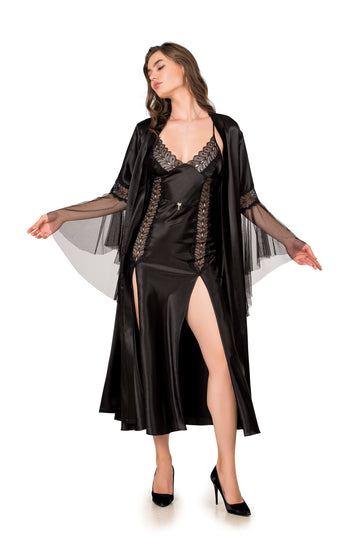 Set 2 piese lenjerie sexi de seara din material satinat cu desu si halat Q775A-1