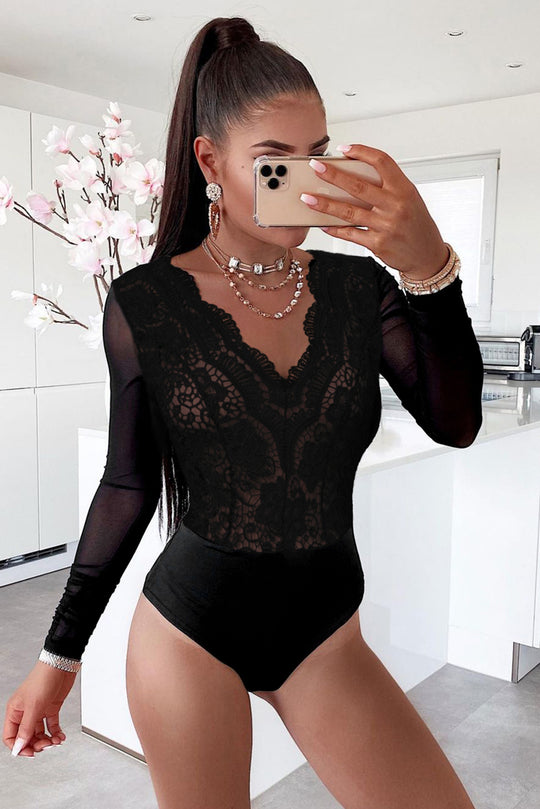 Body negru din plasa cu maneci lungi R850-1