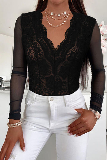 Body negru din plasa cu maneci lungi R850-1