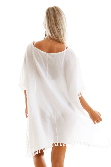 RV433-2 Tunica alba de plaja, accesorizata cu ciucuri