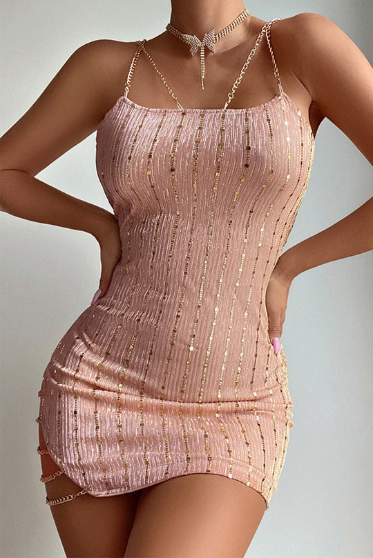 Rochie scurta sexy cu paiete si lant metalic auriu S536-5