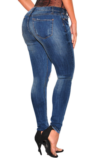 Jeans cu talie inalta si rupturi decorative S692-444