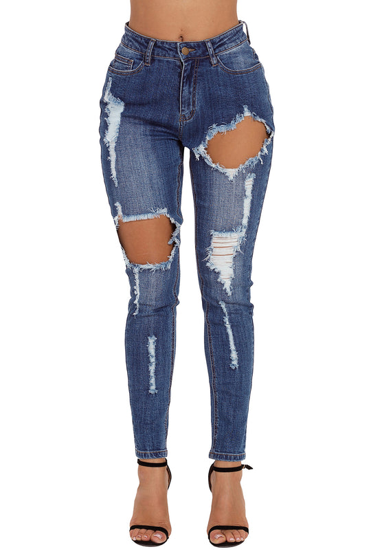 Jeans cu talie inlta si rupturi decorative S697-444