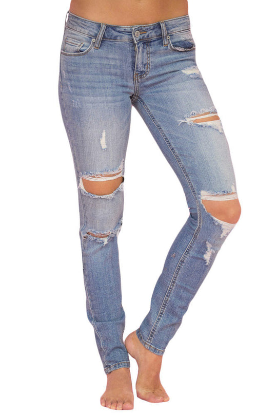 Blugi cu talie inalta cu model destroyed S698-444