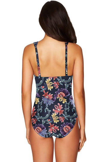 Costum d baie intreg cu decolteu adanc in V si print floral SW2163-100