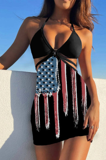 Costum de baie din 3 piese model steag USA si sarong SW2215-1