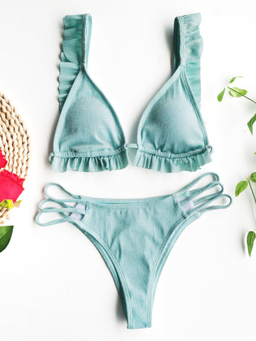 Costum de baie in 2 piese model cu sclipici si volanase SW2303-826