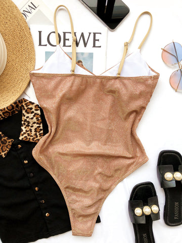 Costum de baie intreg cu fir metalic lucios si tente aurii SW2529-16