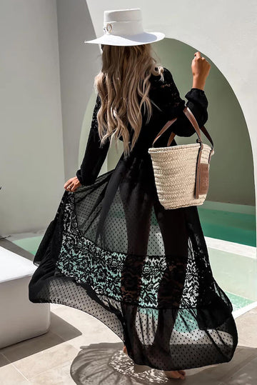 Tunica de plaja cu maneci lungi din material vaporos cu dantela SW2561-1