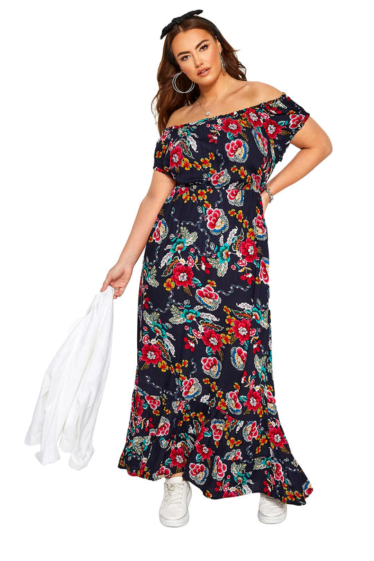 Rochie MAXI pe umeri cu volanase si print floral T569-1122