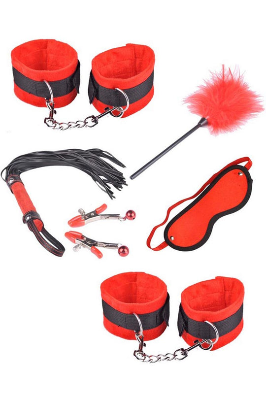 Set fetish/BDSM din 6 piese cu material textil si imitatie piele, Rosu, TOY150-3