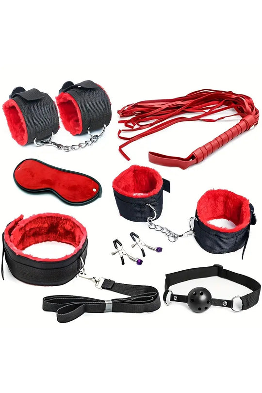 Set accesorii fetish din 7 piese pentru o experienta deosebita, Rosu si Negru, TOY280-115