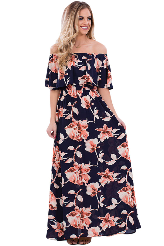 U565-1 Rochie lunga, stil maxi, cu imprimeu floral si volanas