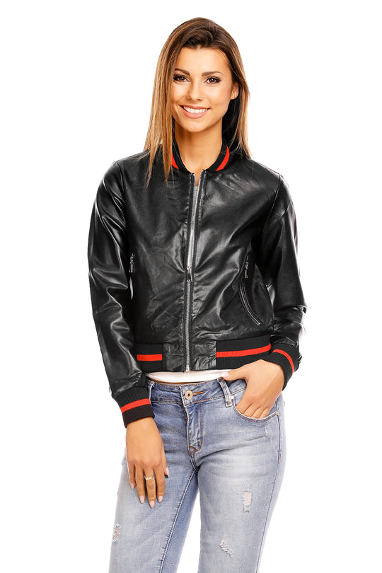 Jacheta din imitatie piele cu mansete in doua culori la extremitati U601-1