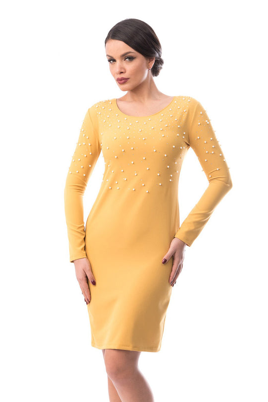 Rochie galbena eleganta de seara accesorizata cu perle sintetice U612-9