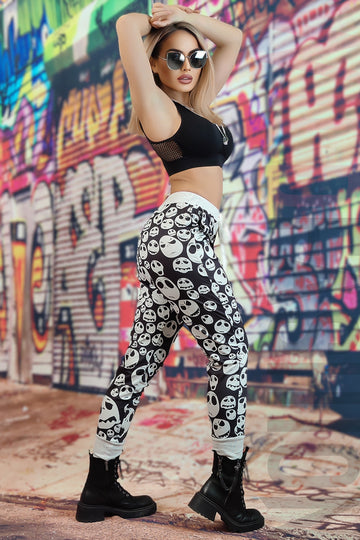 Pantaloni casual cu print alb-negru model cranii U659RR-1122