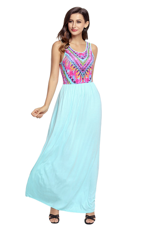 Rochie lunga stil maxi fara maneci cu imprimeu aztec in partea superioara U704-4855