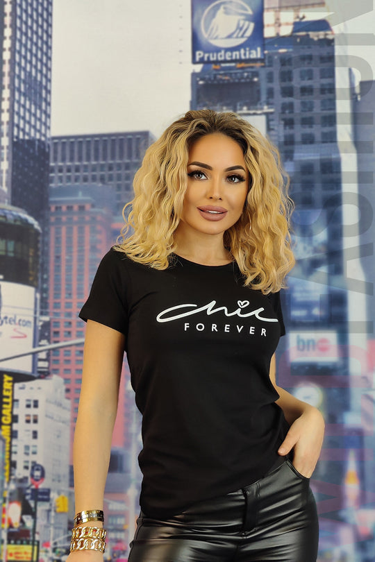 Tricou casual cu imprimeu text chic forever U830-1