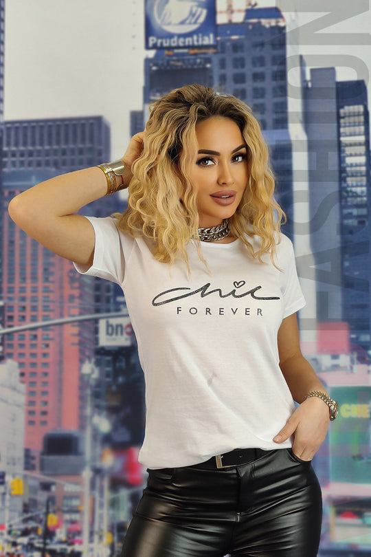 Tricou casual cu imprimeu text chic forever U830-2
